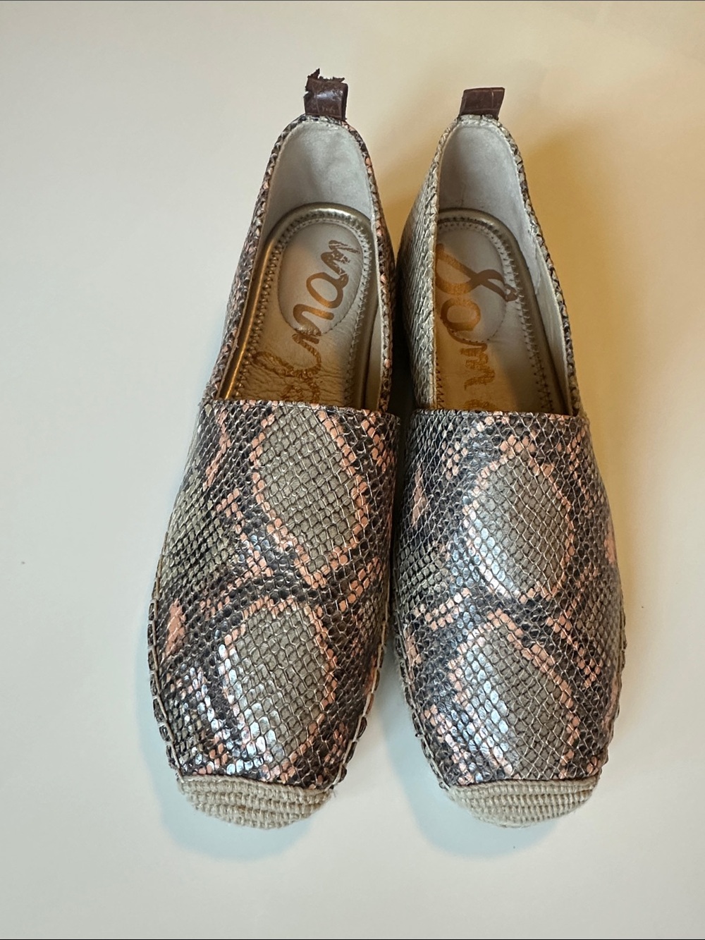 Sam Edelman Metallic Snake-Print Espadrilles in Pink and Taupe